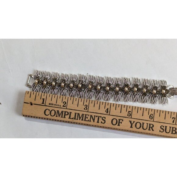 Vintage Coro Bracelet faux pearl Silver Tone 7" estate  1.25” Wide  bow - Picture 7 of 8